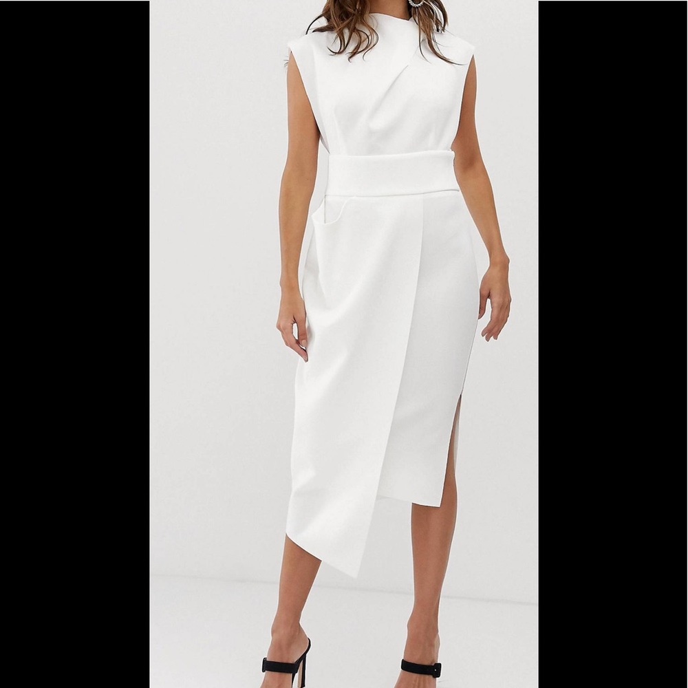 ASOS Design Premium high neck midi pencil dress with drape skirt.